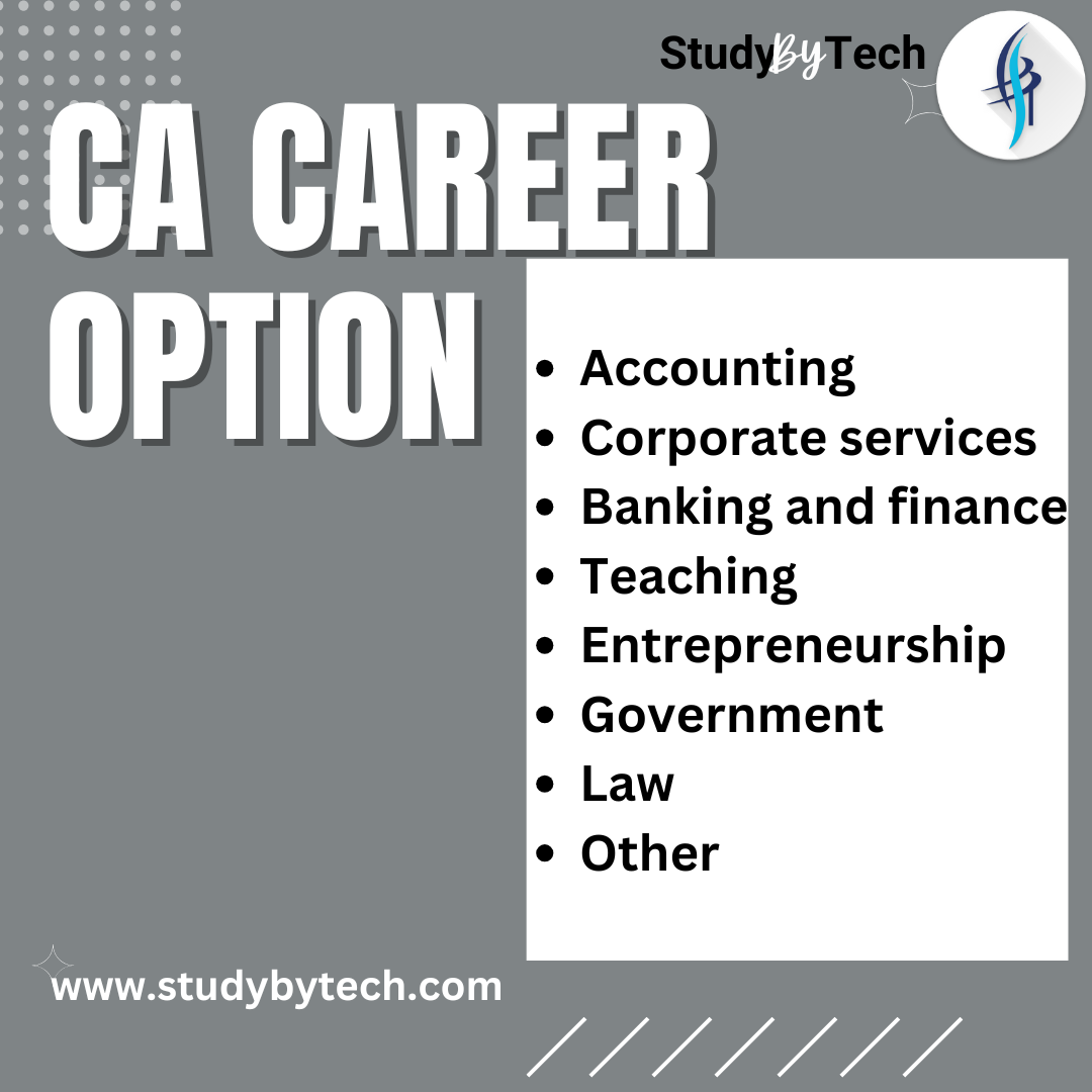 CA CAREER OPTIONS : Accounting, Corporate services , Banking and Fainance, Teaching, Entrepreneurship, Government, Law and others